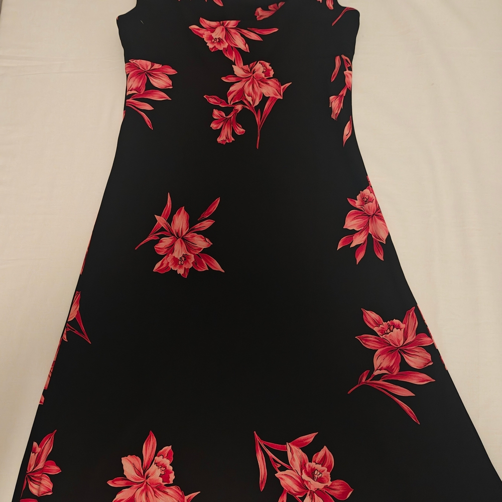 Sheri Martin Black Midi Dress with Pink Floral Pattern